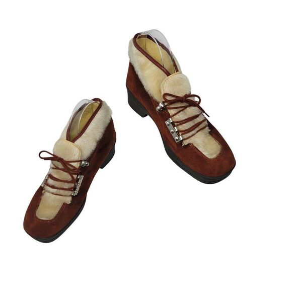 Vtg Italian Snow Boots Rust Suede Cream Faux Fur Lace-Up‎ Ankle Booties US Sz 6 - Picture 7 of 13